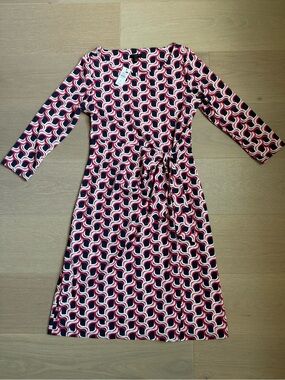 Talbots Long-Sleeve Geometric Wrap Dress in Red, Navy and White NWT